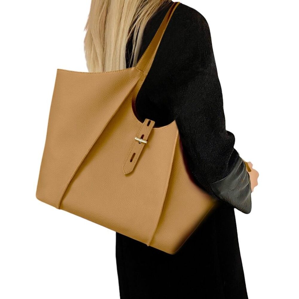 Tote Le Monde 100% Leather Milan Tote In The Color Camel Tan - Picture 4 of 12